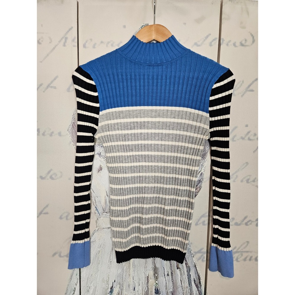 LOFT Petites Blue Striped Colorblock Ribbed Mock Neck Sweater MP